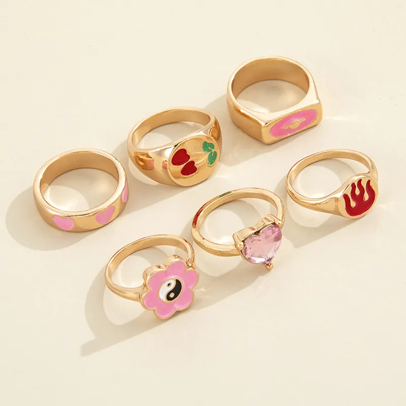 6 шт./компл. набор колец в форме сердца с кристаллами и пламенем из тай-чи модные