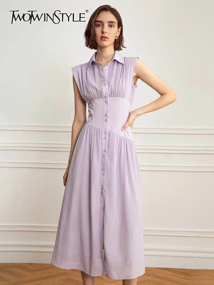 

TWOTWINSTYLE Solid Elegant Dresses For Women Lapel Sleeveless High Waist Patchwork Single Breasted Temperament Dress Female 2023