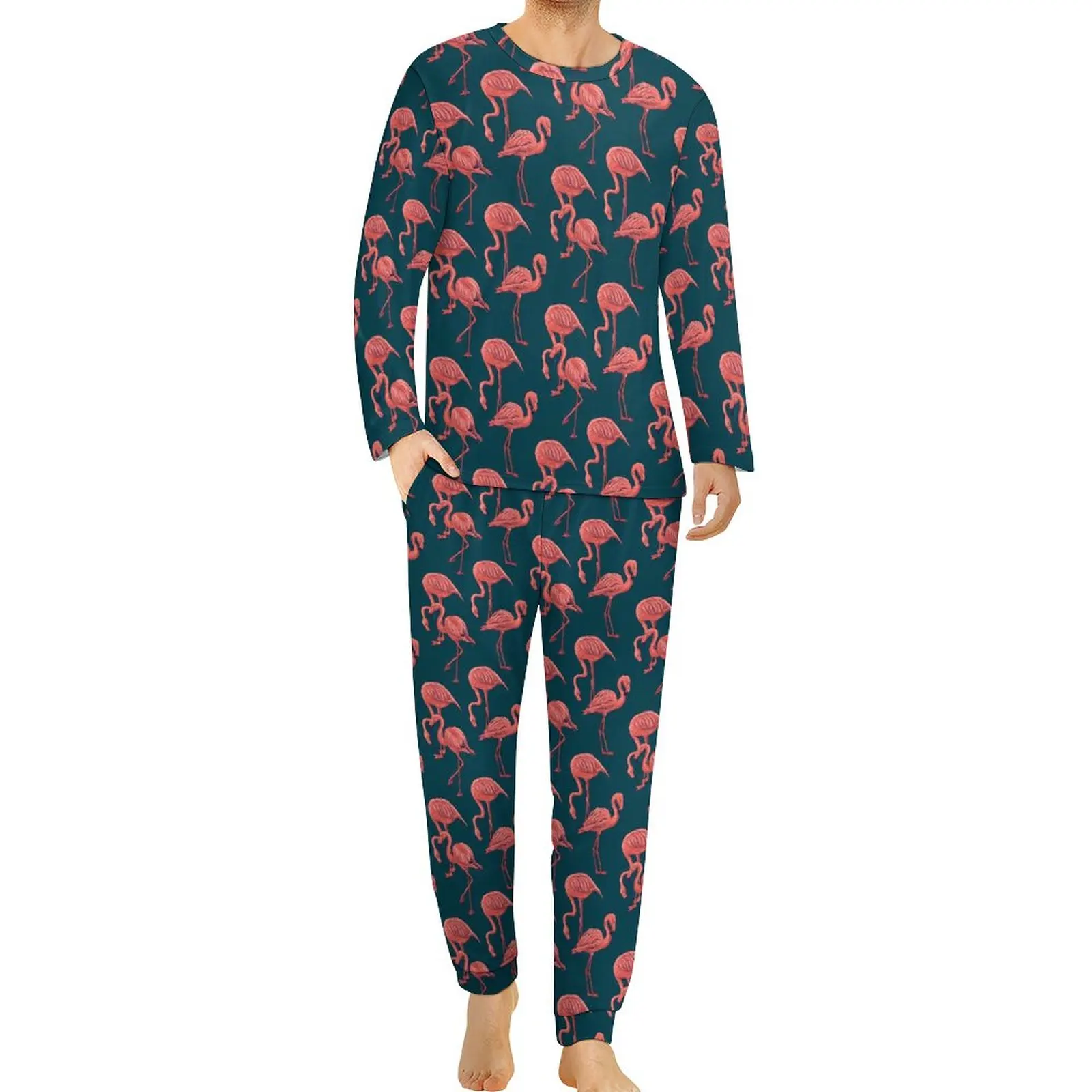 

Tropical Birds Pajamas Long-Sleeve Pink Flamingo Print 2 Pieces Home Pajama Sets Spring Male Pattern Cool Oversize Sleepwear