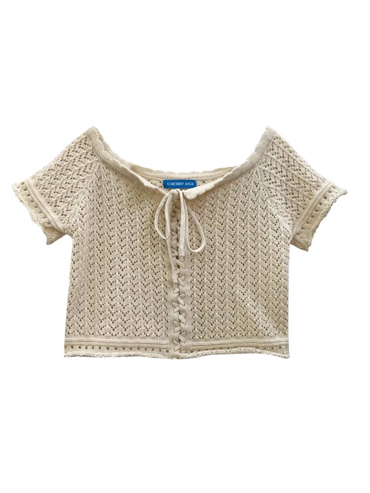 

QOERLIN летние укороченные топы с коротким рукавом Американский ретро с вырезами на шнуровке кардиганы милые сексуальные трикотажные рубашки Топ женские футболки