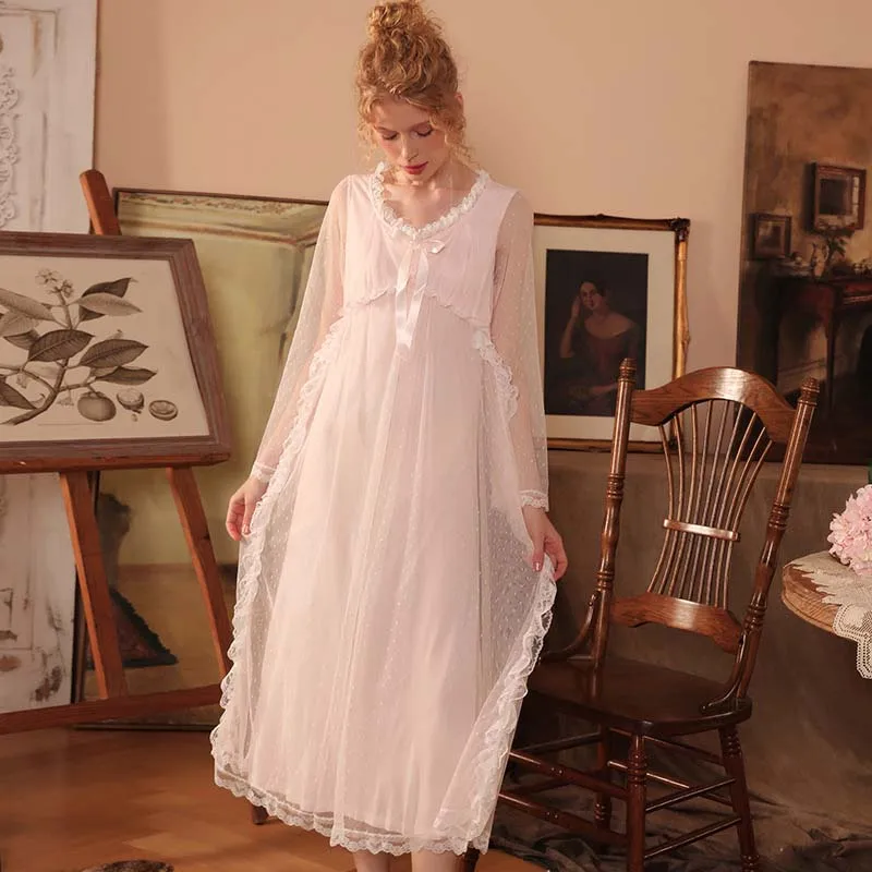 Roseheart New Women Homewear White Pink Sexy Sleepwear Nightdress Lace Nightwear Luxury Nightgown Court Homewear Court Gown