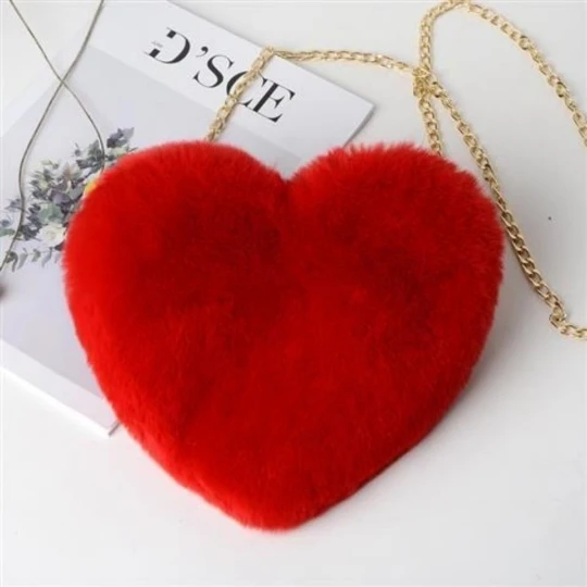 

Red Love Shaped Lady Faux Fur Women Bag Winter Chains Girls Princess Furry Plush Handbag Crossbody Casual Soft Purse Women Bags