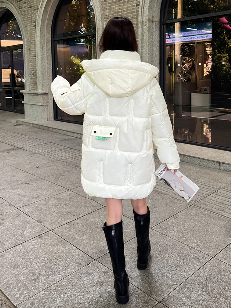 Long Coat Women Hooded Puffer Jacket Letter Patches on Arm Fashion Cotton Padded Bubble Winter Warm Parka Bear -25centigrade