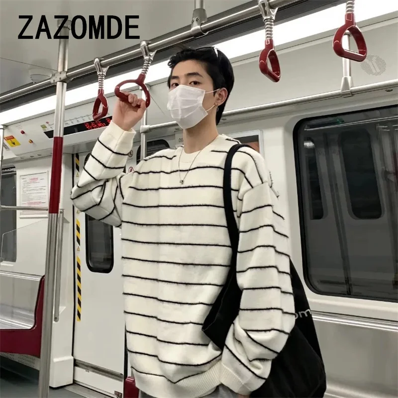 ZAZOMDE винтажный черно-белый полосатый свитер вязаный топ для мужчин осень-зима с