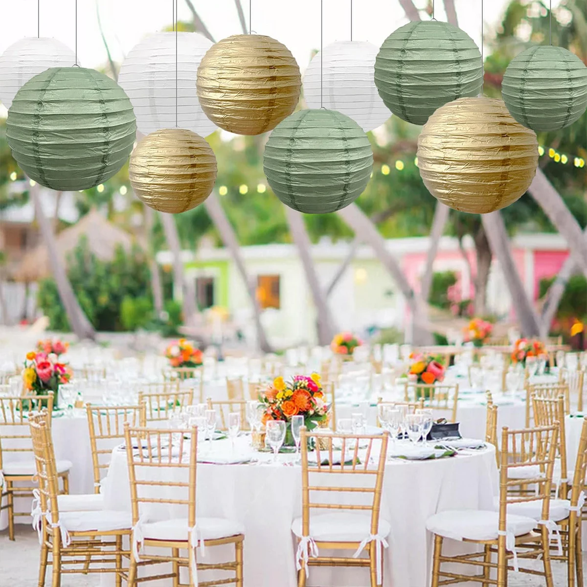 10-упаковка бумажных фонарей круглые абажуры шалфейно-зеленый белый и золотой