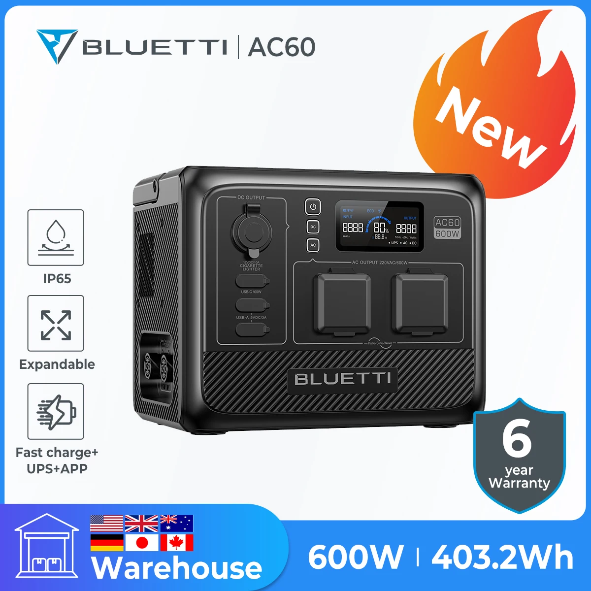 

BLUETTI AC60 403Wh 600W Portable Power Station Solar Generator LiFePO4 B80 806Wh Expansion Battery IP65 3,000+ UPS Solar Panel