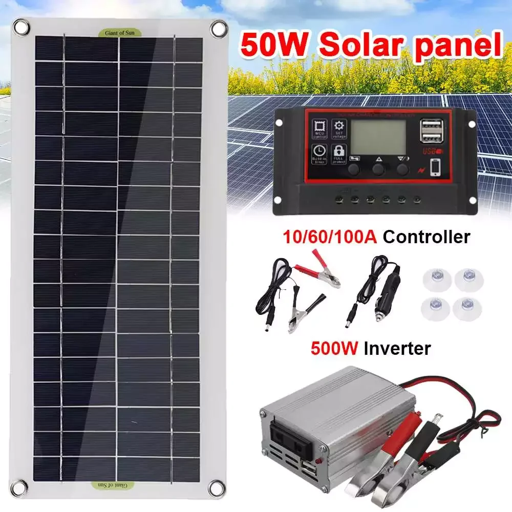 

500W Inverter 220V Solar Power System 50W Solar Panel Kit Battery Charger 60/100A Solar Charge Controller Home Grid Camp Phone