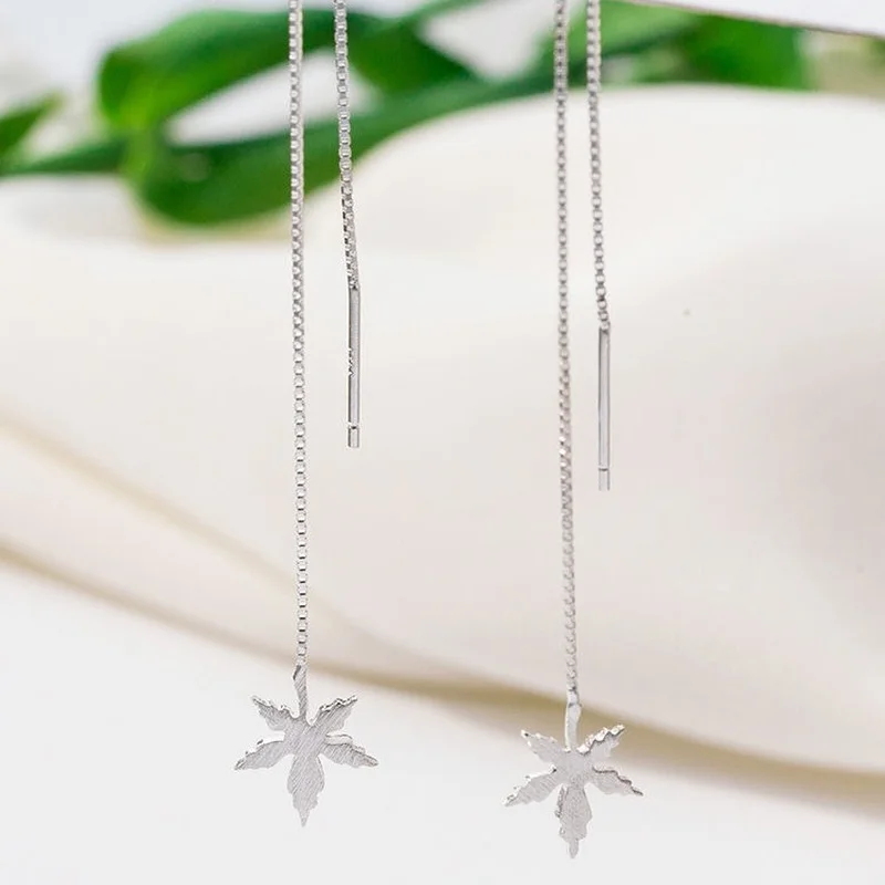 

S925 Silver Maple Leaf Earline Long Women Earrings Cute Aesthetic Statement Earrings