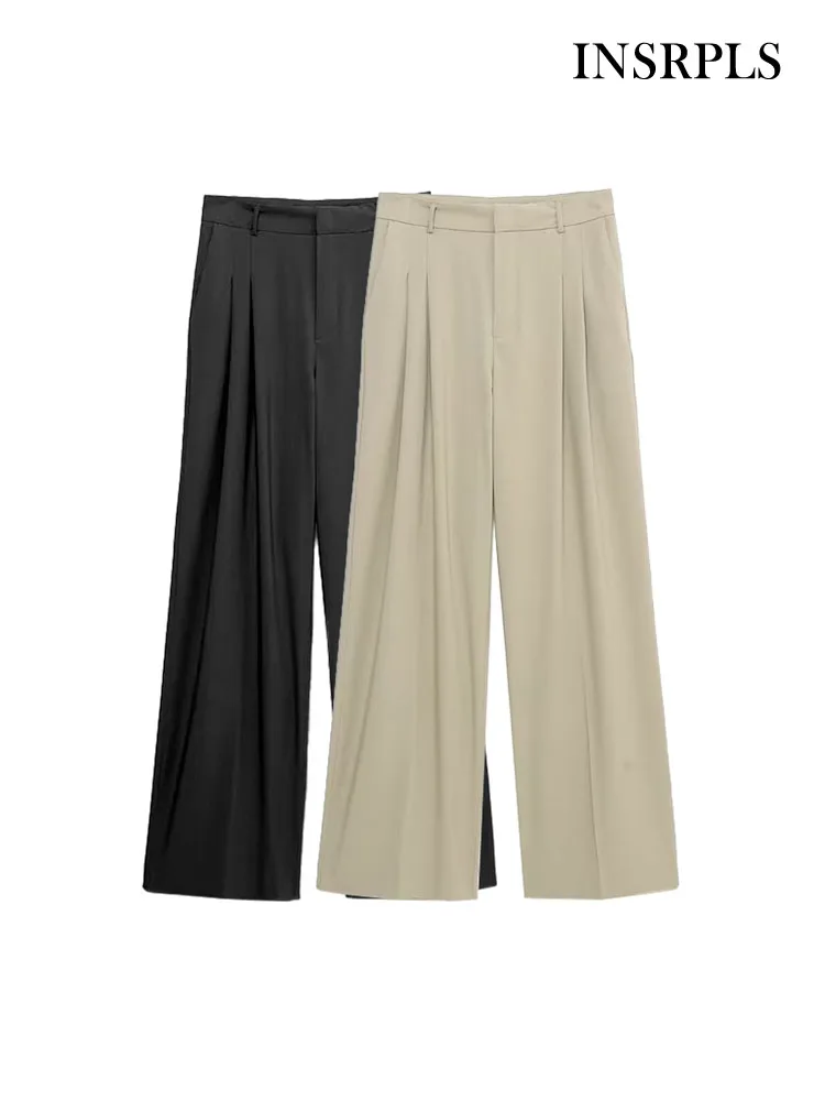 

INSRPLS Women Fashion Side Pockets Full Length Pleated Pants Vintage High Waist Zipper Fly Female Trousers Mujer