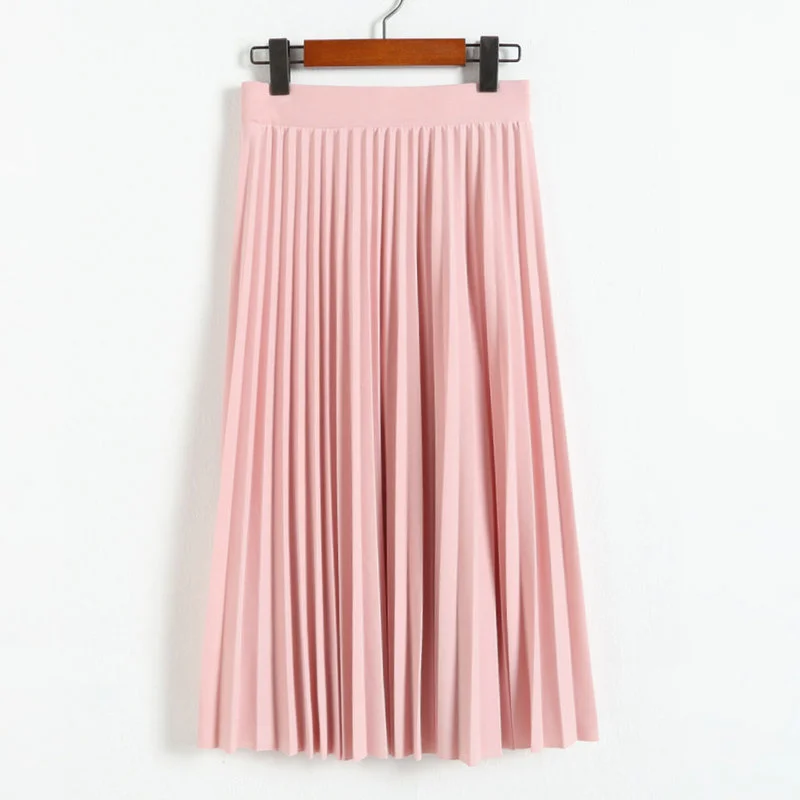 

High waist skirt plied with medium length, elastic, smooth color, black and pink, winter and autumn, promotions