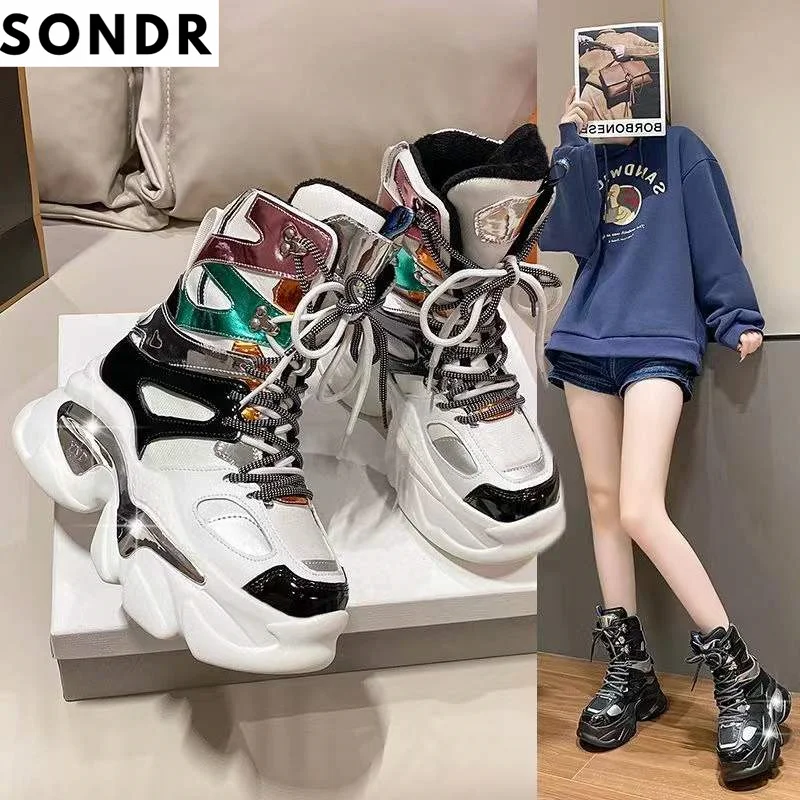 

Europe Station fashion daddy shoes small 8cm tall platform platform short boots women's winter with cashmere warm cotton shoes