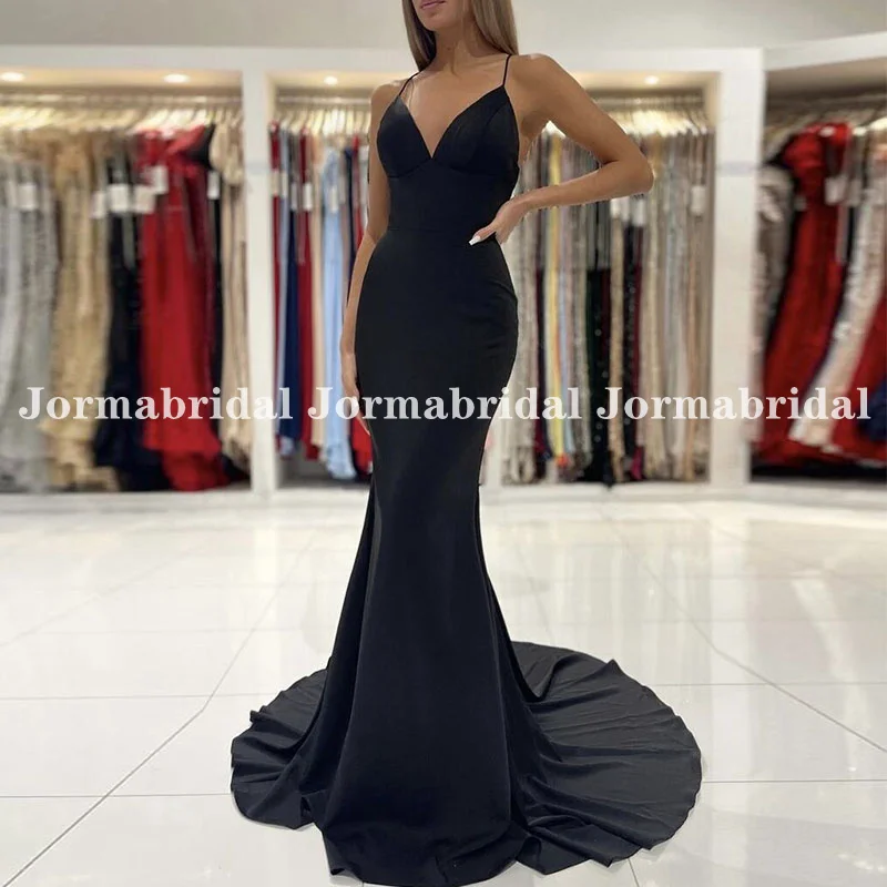

Соблазнительные Черные вечерние платья-русалки с V-образным вырезом, на бретелях-спагетти, официальное платье, тянущиеся атласные длинные платья для выпускного вечера с перекрестными лямками