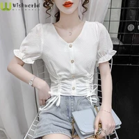 gentle xiaoqing shirt 2022 summer new style foreign style v neck fashion drawstring temperament chiffon blouse women