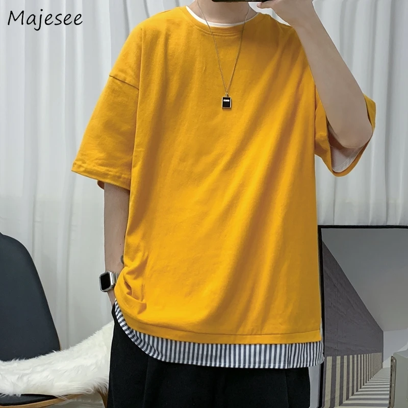 

T-shirts Men Summer O-neck Fake Two Pieces Half Sleeve Korean Style Trendy Loose Casual Harajuku Streetwear Teens Daily Fashion