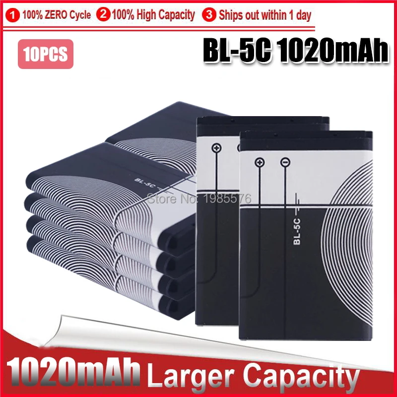 

10pcs 3.7V 1020mAh BL-5C Li-ion Battery For Nokia 1000 1010 1108 1110 1112 1116 E50 E60 N70 6680 2020 BL5C BL 5C Batteries