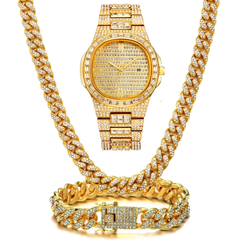 

3PCS Hip Hop Jewelry for Mens Iced Out Watch Necklaces Bracelet Bling Miama Cubana Chains Choker Gold Watch Set Mens Wholesale