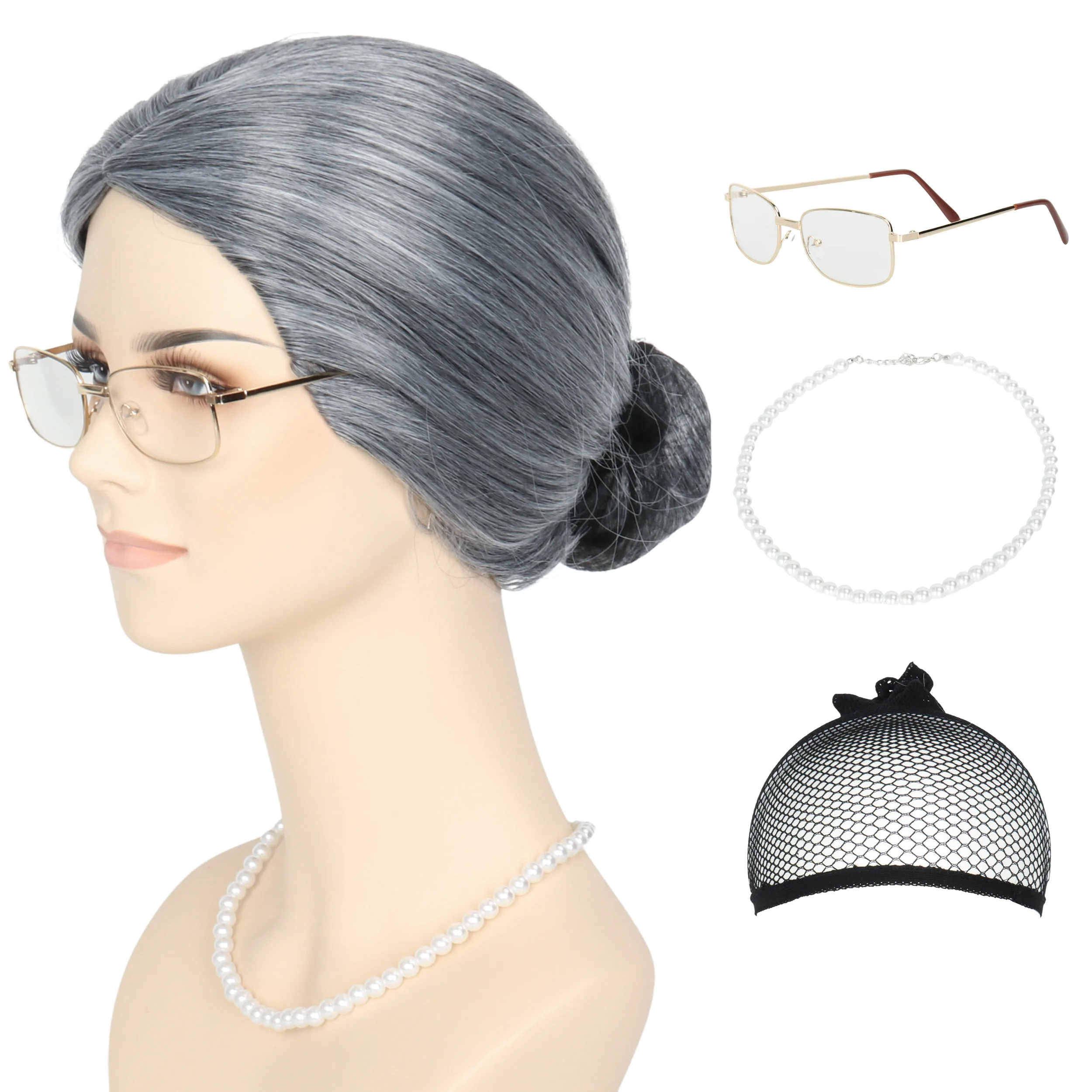 

Elderly Wig Gray and White Marble Head Wig with Glasses Necklace Old Woman Wig Grandmother Wig Role Play Halloween Daily Wig
