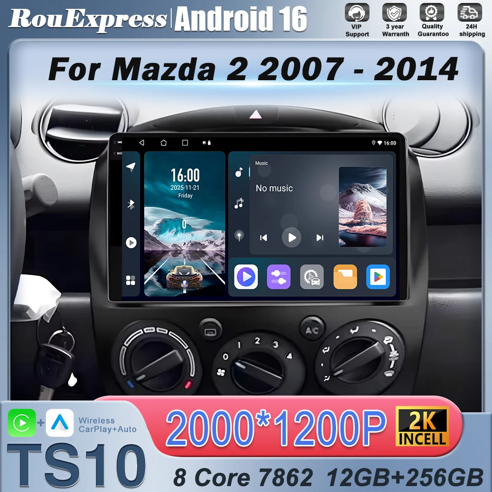 Фото Автомагнитола Android 16 для Mazda 2 2007-2014 с Wi-Fi+4G, CarPlay, GPS, мультимедийный видеоплеер, беспроводное радио №1