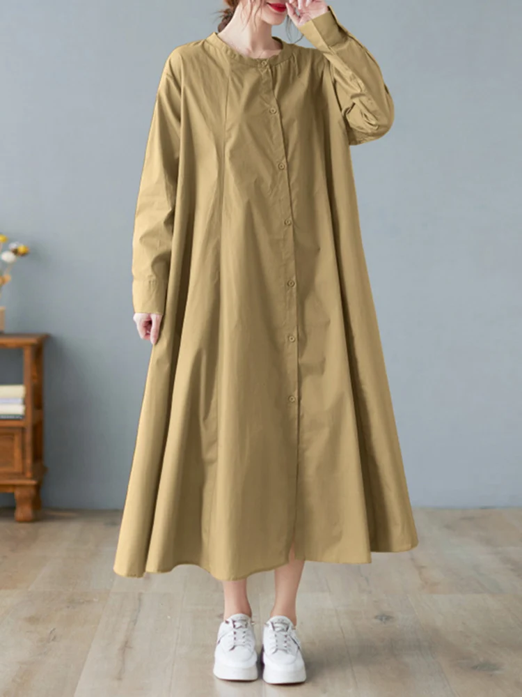 

Kaftan Women Maxi Long Sundress Casual Solid Long Sleeve Loose A Lined Vestidos O Neck Shirt Dress Oversized Female Robes Femme