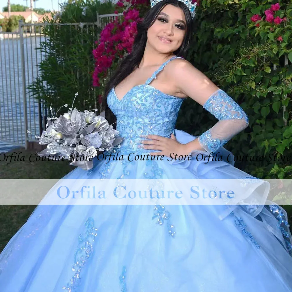 Фото Orfila Quinceanera платья с блестками кружева Charro мексиканские vestidos de 15 лет на тонких бретельках милое платье 16 №3