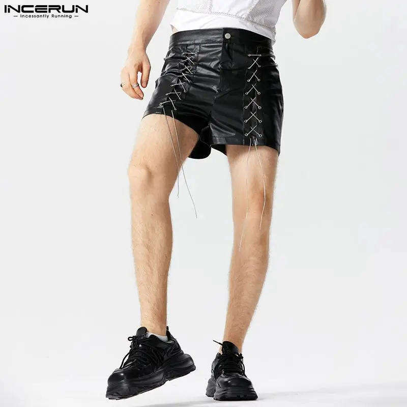 

INCERUN 2023 New Men's Fashionable Faux Leather Mesh Design Shorts Casual Well Fitting Male Solid Color Cross Tie Shorts S-5XL