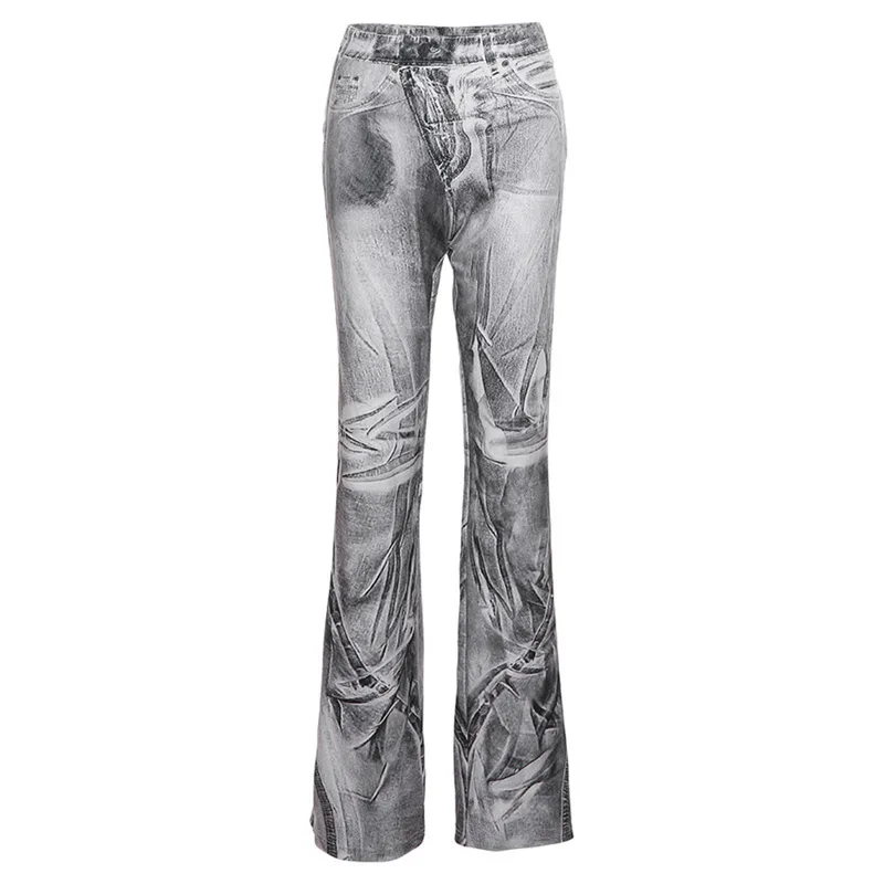 High Waist Fashion Denim Printed Street Pants Women's Casual Slim Flared Trousers 2023 Spring Autumn Y2k Vingate Skinny Clothes