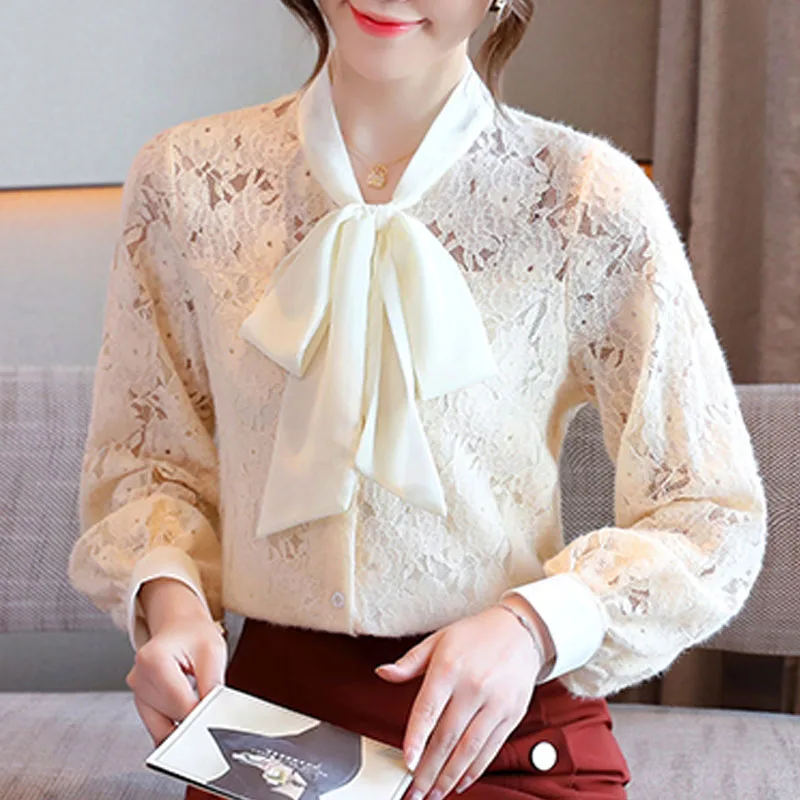 Новая женская рубашка с бантом и длинным рукавом бархатная утепленная кружевная