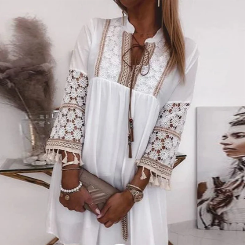 

Пикантное свободное мини-платье с V-образным вырезом на шнуровке, женское модное кружевное лоскутное пляжное платье с вырезами, элегантное ...