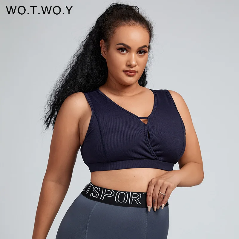 

WOTWOY 2022 Summer Hollow Out Plus Size Bra Women Shockproof Padded Fixed Double Shoulder Strap Vest Female Breathable Racerback