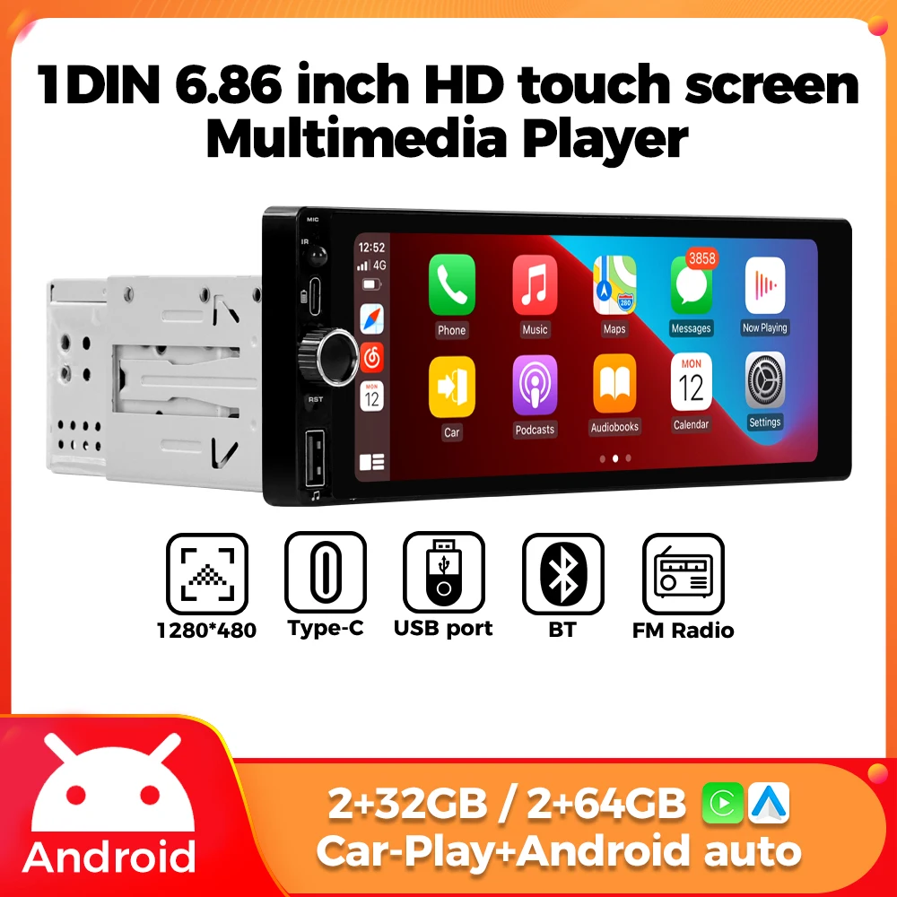 2024 1 DIN 6 86 дюйма Автомобильный радиоприемник Carplay Android Авто Мультимедийный плеер HD