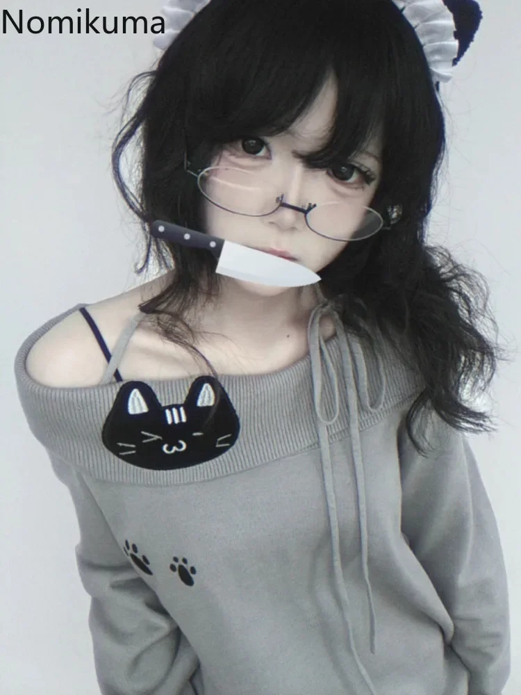 Женский японский свитер Sueter для женщин джемпер с воротником-лодочкой и открытыми