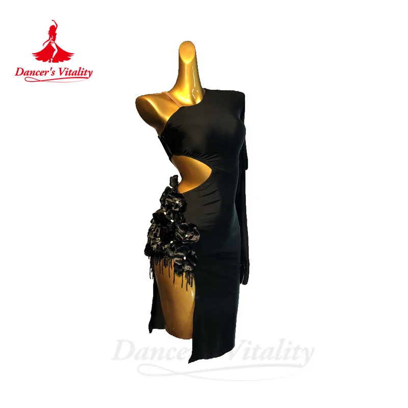 Женское платье из спандекса для латинских танцев с одним рукавом Rumba Chacha Tango