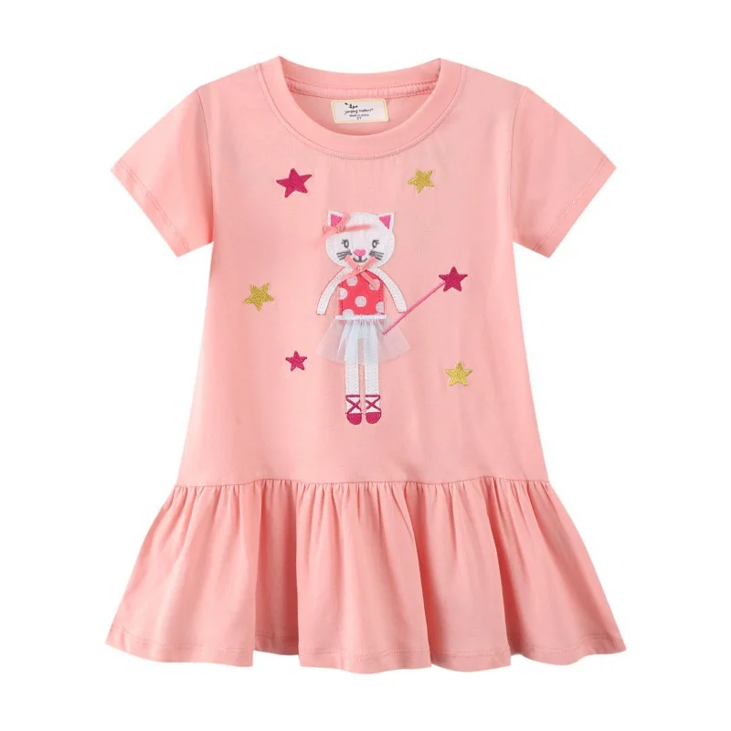 2022 Summer Hot Selling Kitty Dress Baby Toddler Girls Cotton Round-Neck Casual Princess Dress Pink Short Sleeves 2-7Years