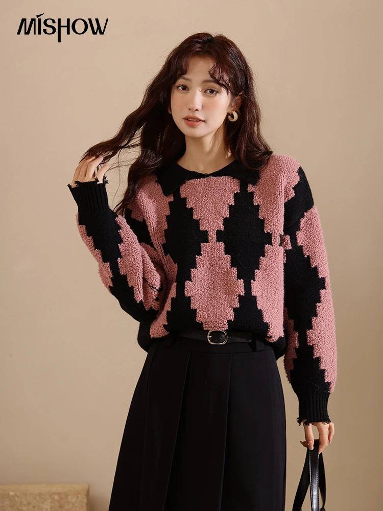 

MISHOW Women's Sweater Thicken Vintage Pullover Winter 2022 Korean Fashion Argyle Knitwears Warm Loose Knitted Tops MXB47Z1236