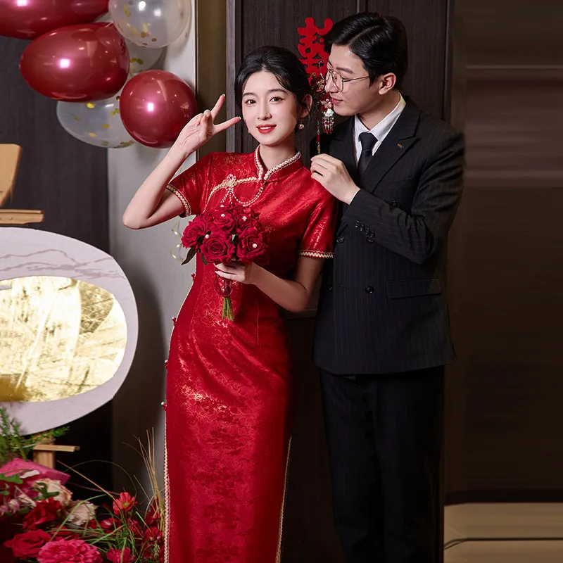 Красное длинное модифицированное платье Cheongsam в китайском стиле, новинка 2025, ретро, обручальное свадебное платье для невесты, лето Qipao (art.: 3920cf8a15580) - 3920cf8a15580