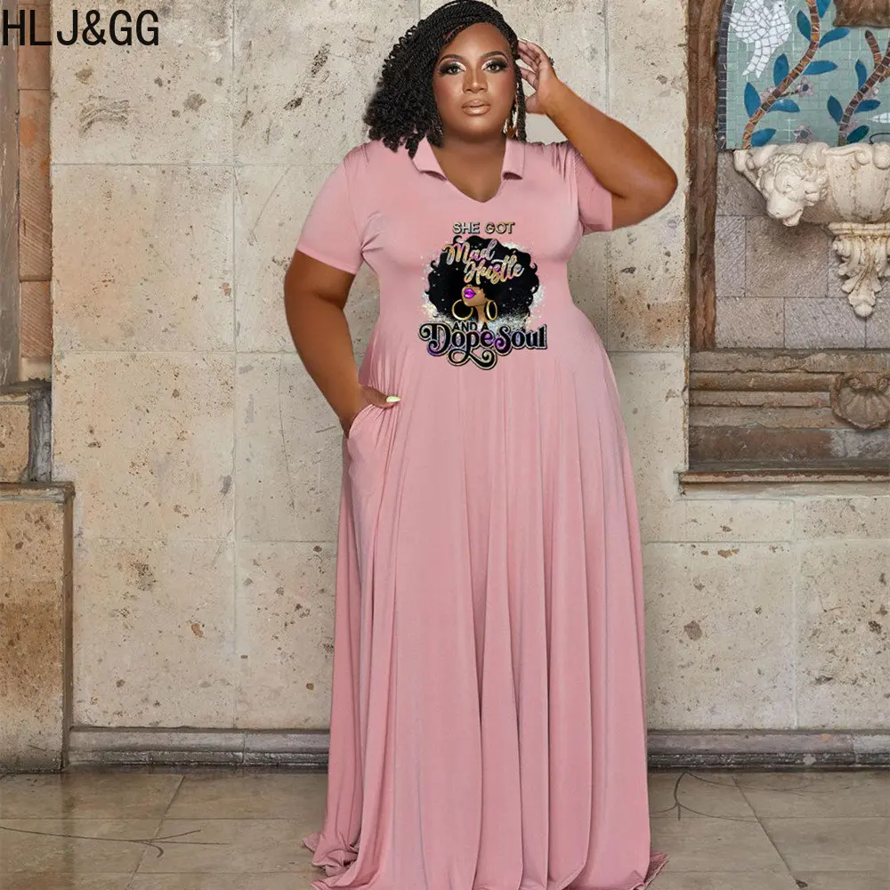 HLJ&GG Casual Plus Size Pattern Printing Floor Dresses Women Turndown Collar Short Sleeve A-line Robe Vestidos Female Dress 5XL