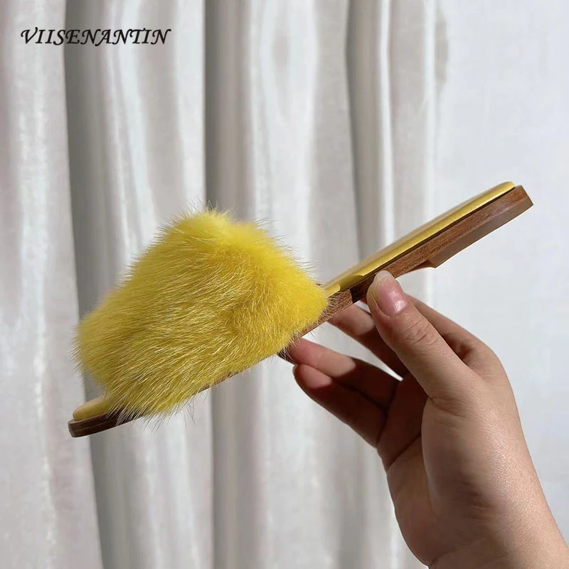 Шлепанцы женские с мехом норки брендовые роскошные сандалии на плоской подошве