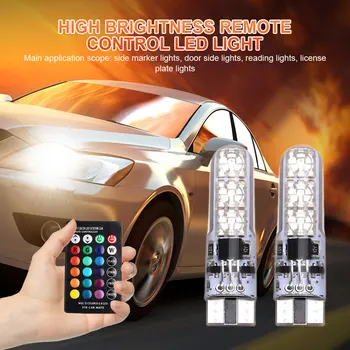 2Pcs Car LED Clearance Light T10 RGB License Plate Light 6SMD 5050 LED Width Light with Remote Controller for Vehicle Automobile 2