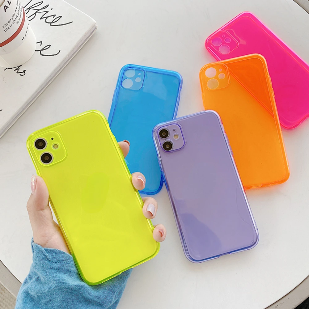 

iphone 13 12 11 Pro Max Mini XR X XS Max 6 8 7 Plus SE 2020 Fashion Neon Fluorescent Color Phone Case Transparent Soft Cover