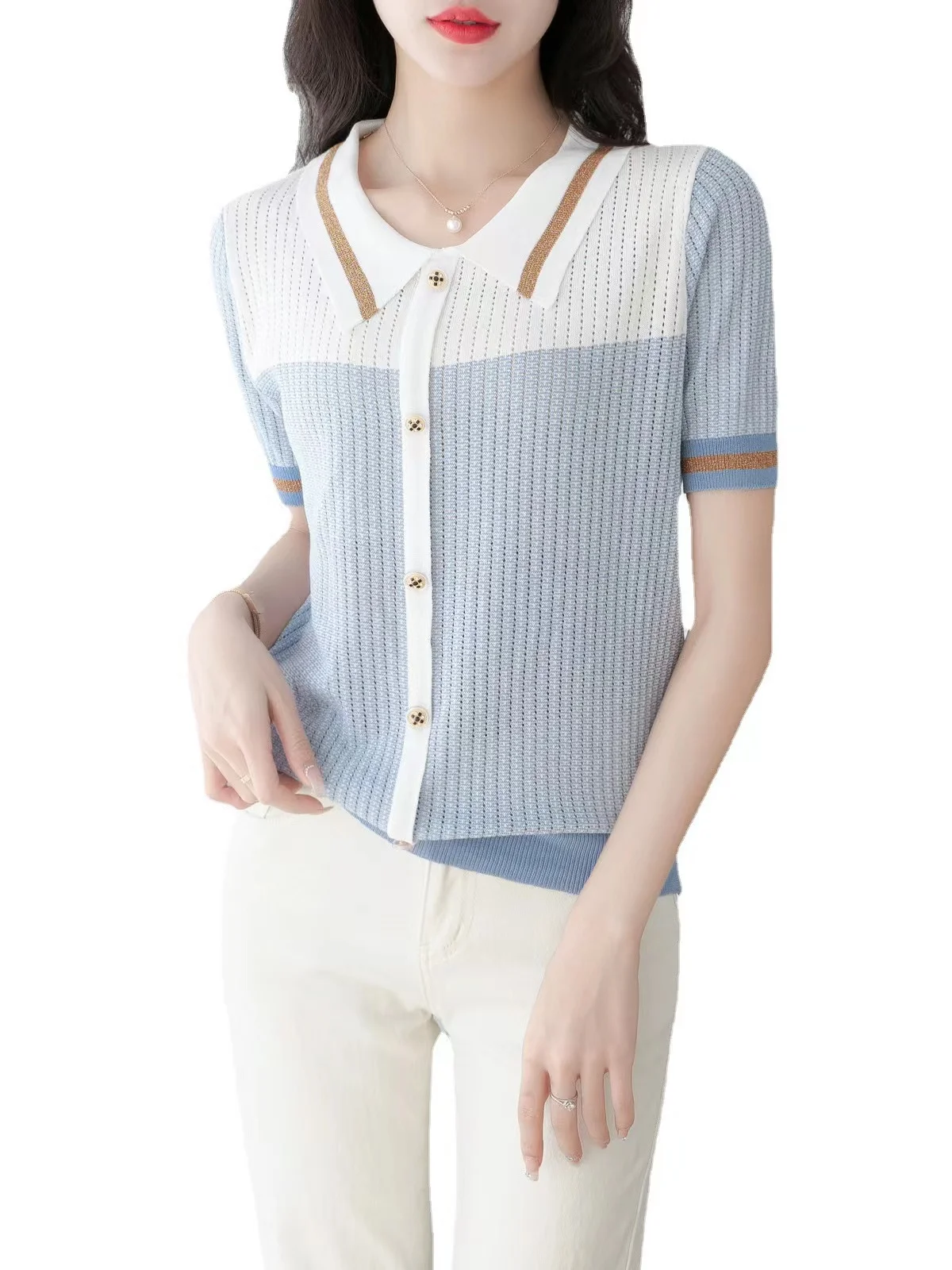 POLO Collar T-shirts Women Patchwork Retro Slim Summer College All-match Hollow Button Women's Small Fragrance  Short Knitted