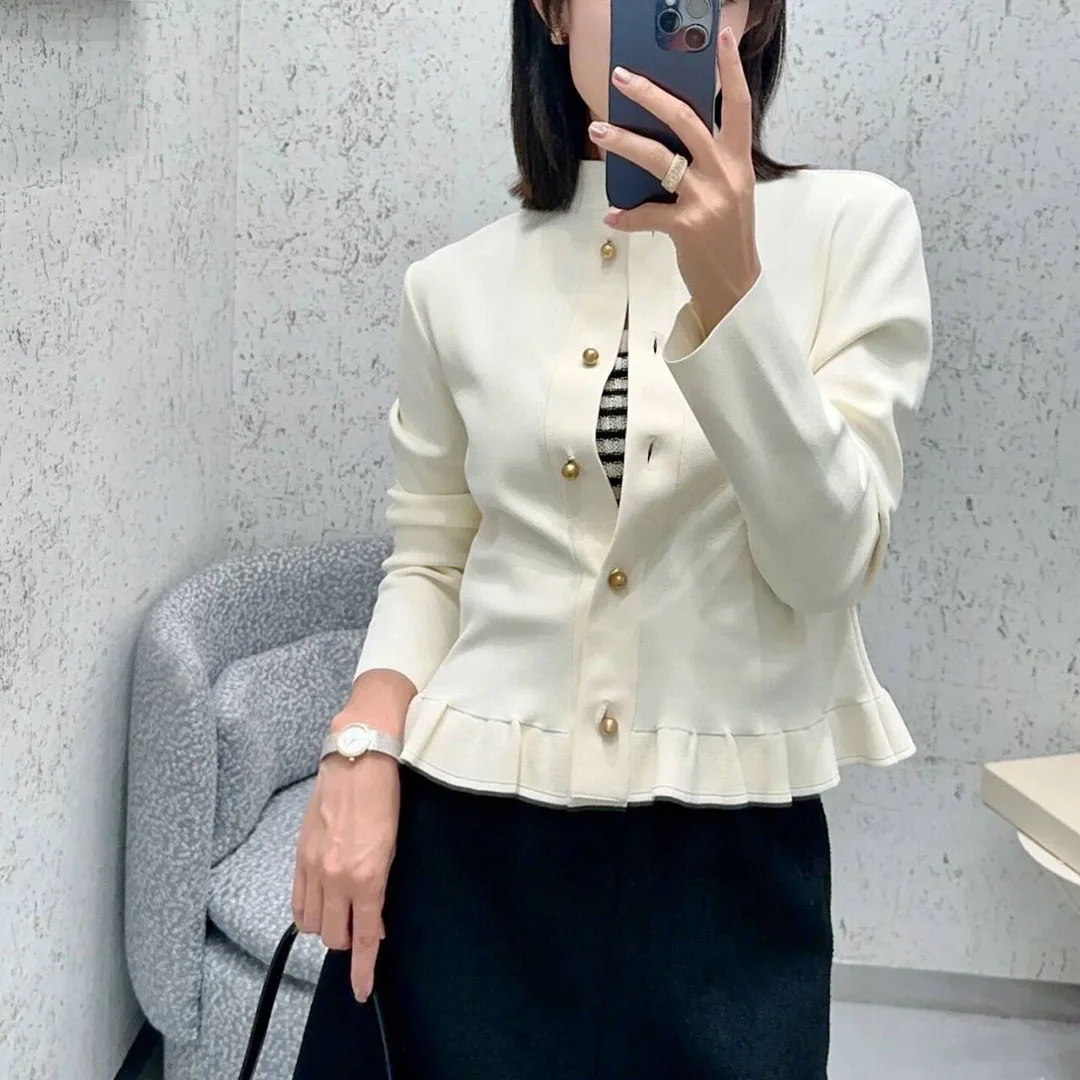 Новинка 2024 осенняя мода однотонные оборки лоскутные жемчужные пуговицы