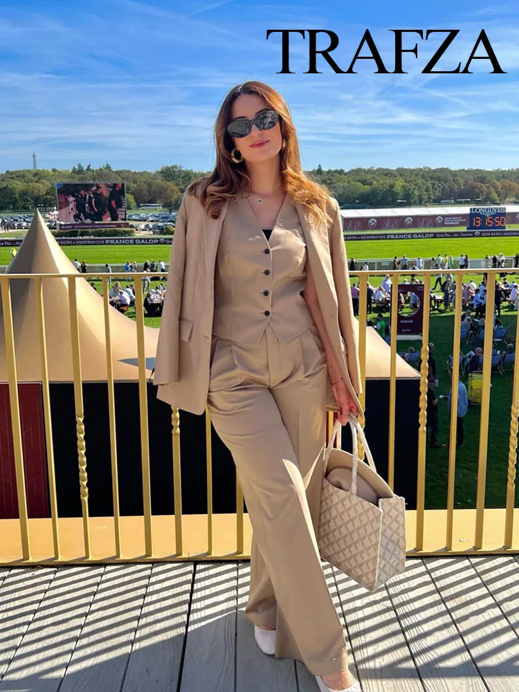 

TRAFZA Women Fashion Blazer Vest Pant Sets Double Breasted Long Sleeve Coats Zipper Trouser Elegant Woman Solid Office Wear Suit
