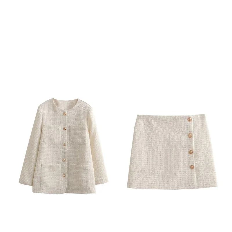 

Женский Милый Бежевый свободный длинный текстурированный Блейзер, элегантные твидовые свадебные костюмы, женский комплект с юбкой-карандаш, весна 2023