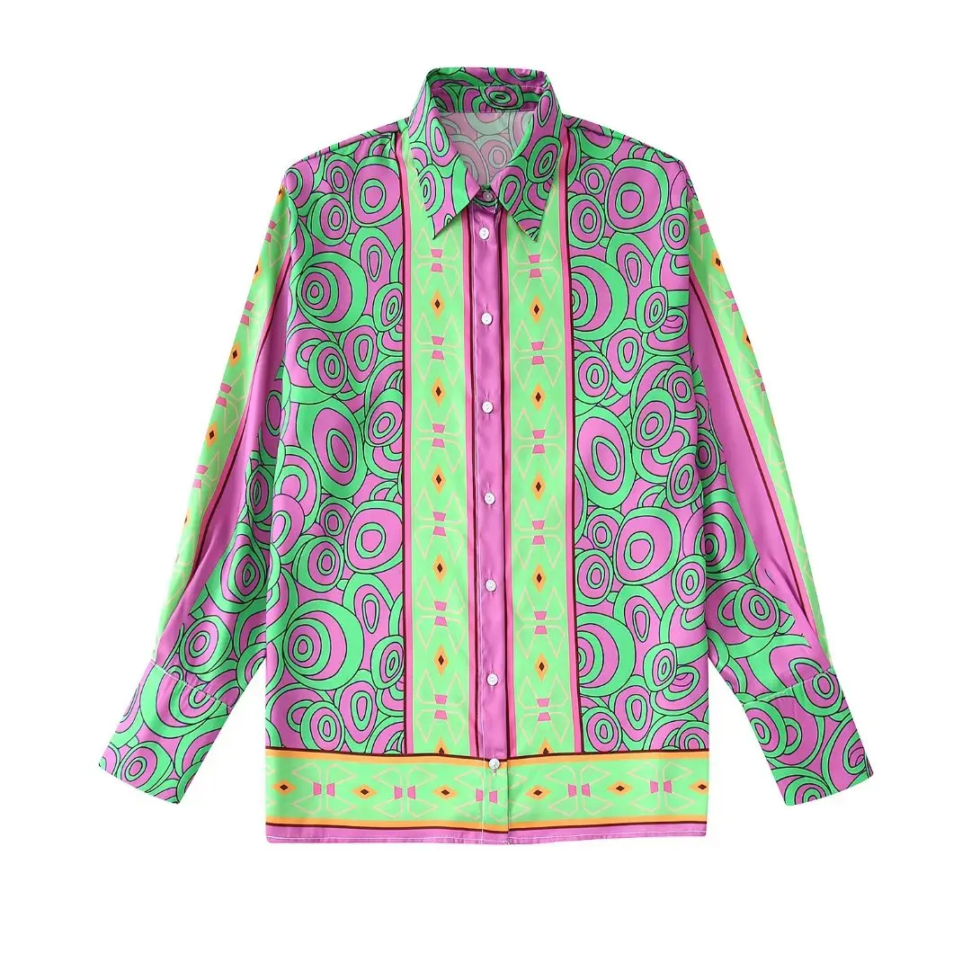 

2022 Fashion Single-Breasted Soft Touch Appliques Shirts Loose Vintage Printing Long Sleeve Button-up Female Shirts Chic Top