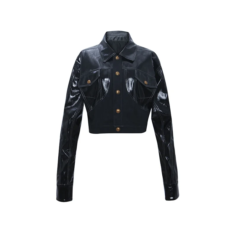 leather 2023 new female patent jacket short frosted faux leather jacket chic fashion vintage metal buttons soft pu leather coat