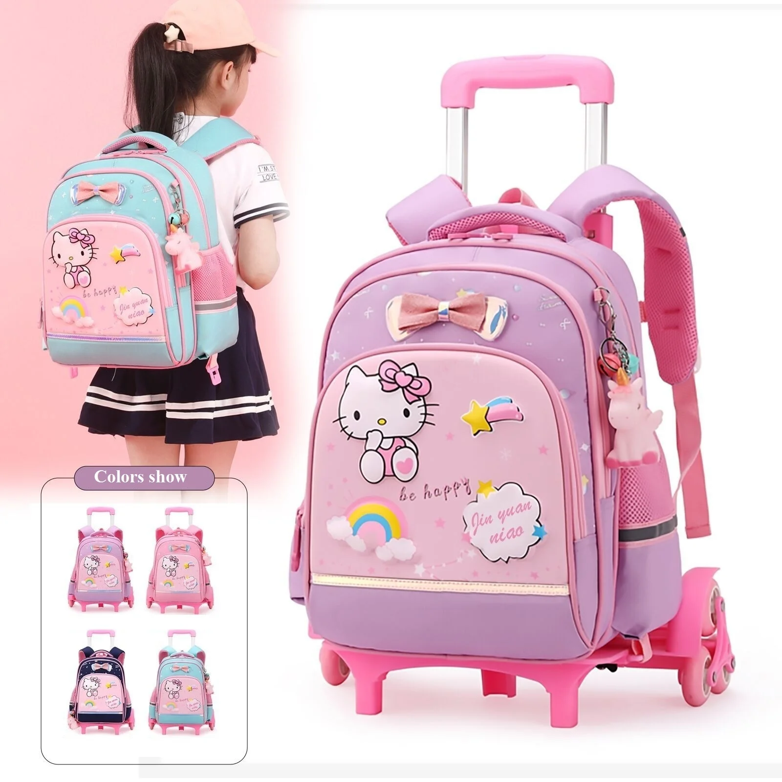 

Girls Rolling Backpack Trolley School Bags Cat Print Travel Wheeled Carry-on Kids' Luggage Mochila Escolar Infantil Para Menina