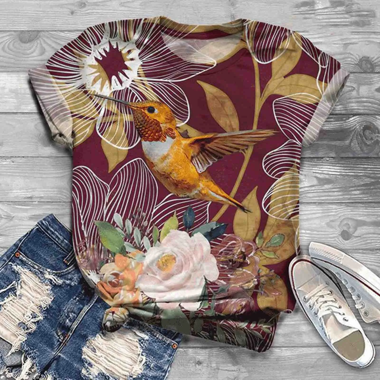 

Harajuku Short Sleeve Women's T-shirts Plus Size Birds Print O-Neck Tops Tee Shirt Femme Camisetas Mujer