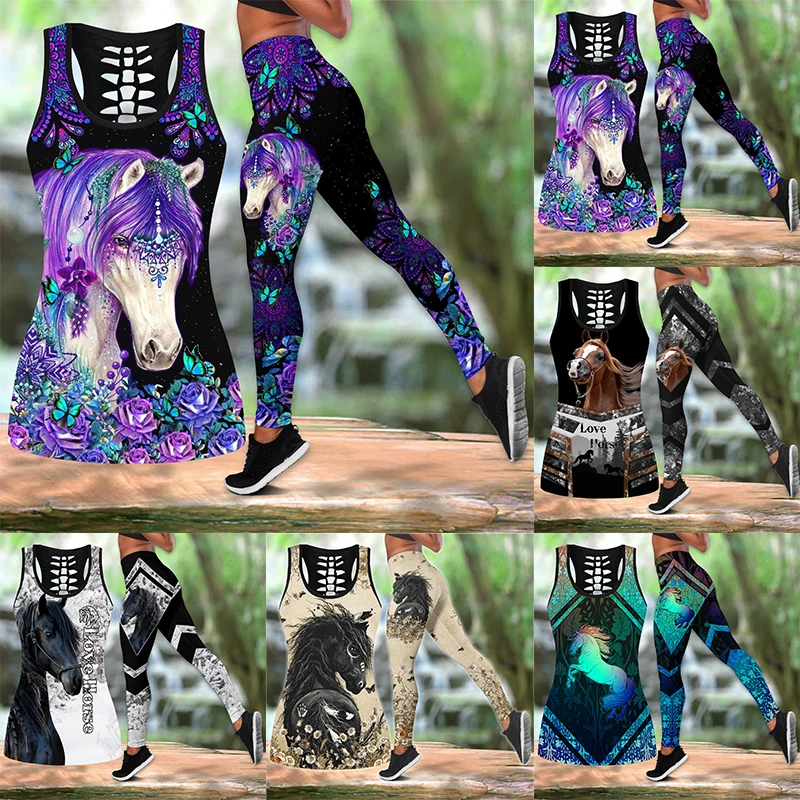 

3D Horse Mandala Flower Combo Criss-Cross Yoga Leggings + Hollow Out Tank Top Sport Running Pants Yoga Suits XS-8XL