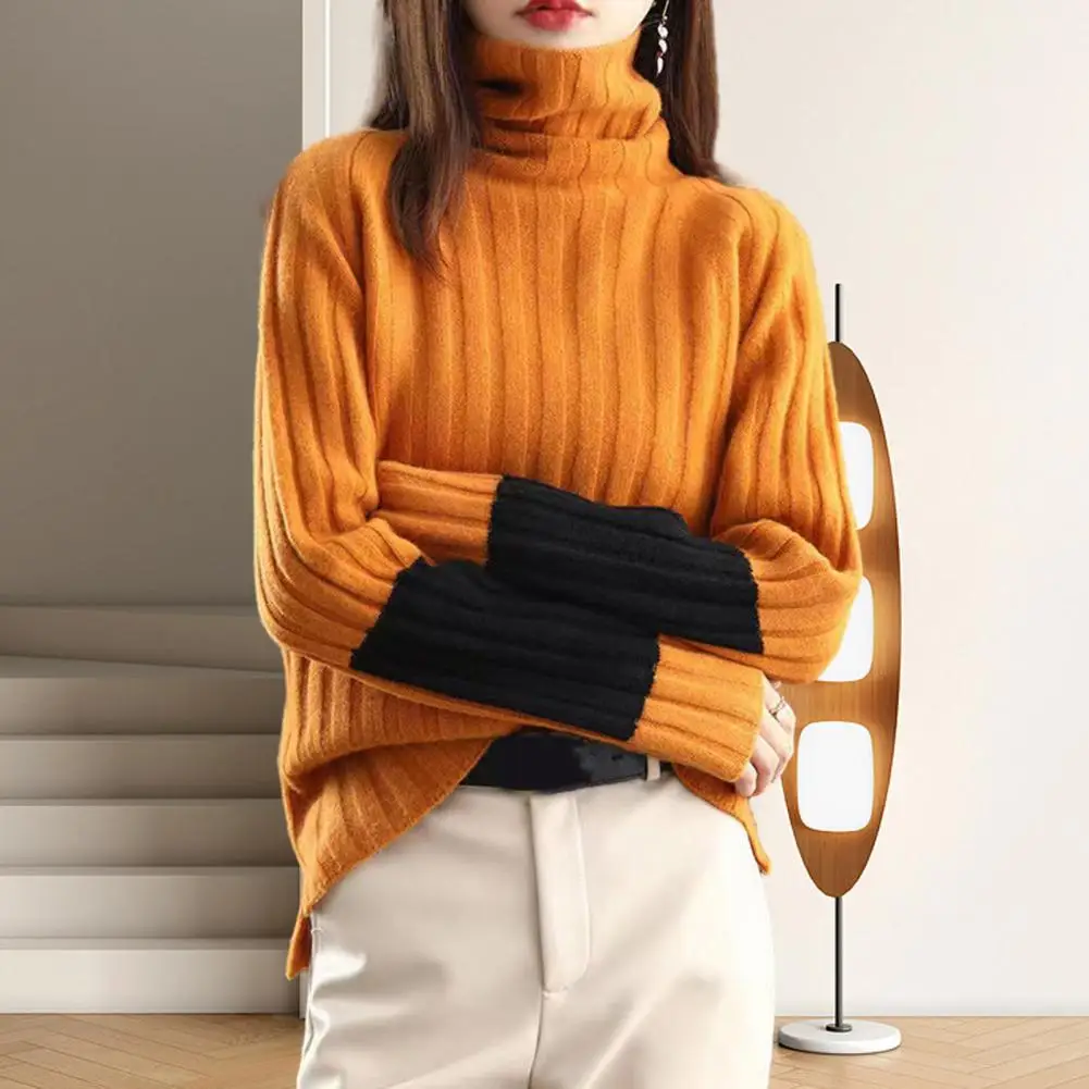 

Women's Winter And Autumn Turtleneck Long Sleeve Knitted Warm Thickened Casual Pullover Color Block Women's Sweater