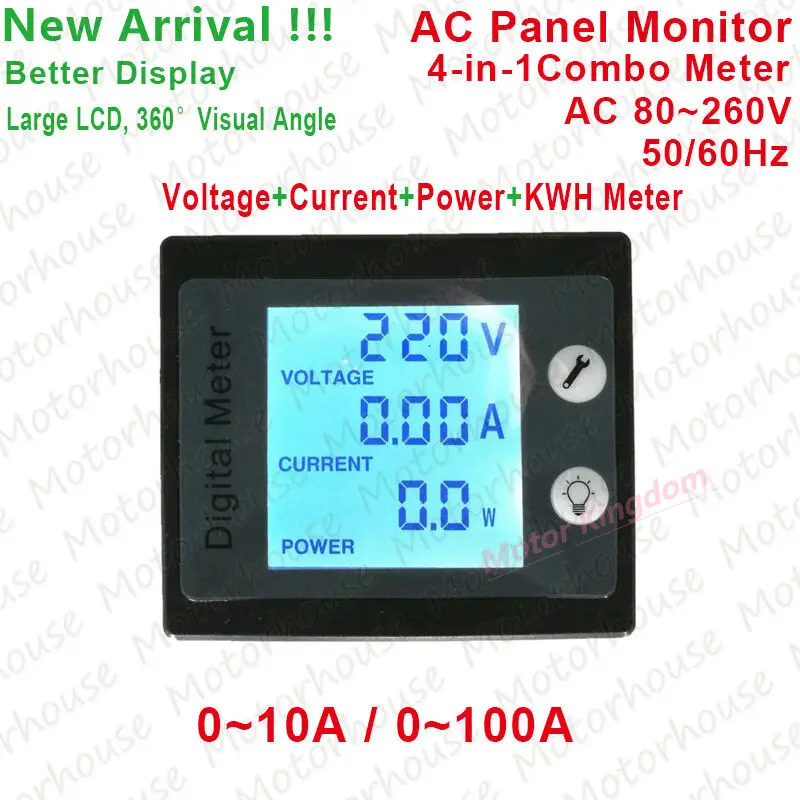 

AC 80V-260V Voltage+Current+Power+KWH AC Power Meters Monitor Volt Amp kWh Watt 4-in-1 Digital Electric Combo Meter